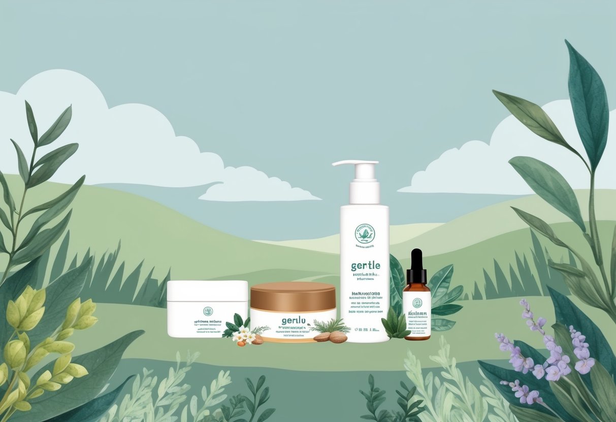 A serene, natural landscape with gentle, non-toxic skincare products and soothing ingredients, surrounded by soft, calming colors