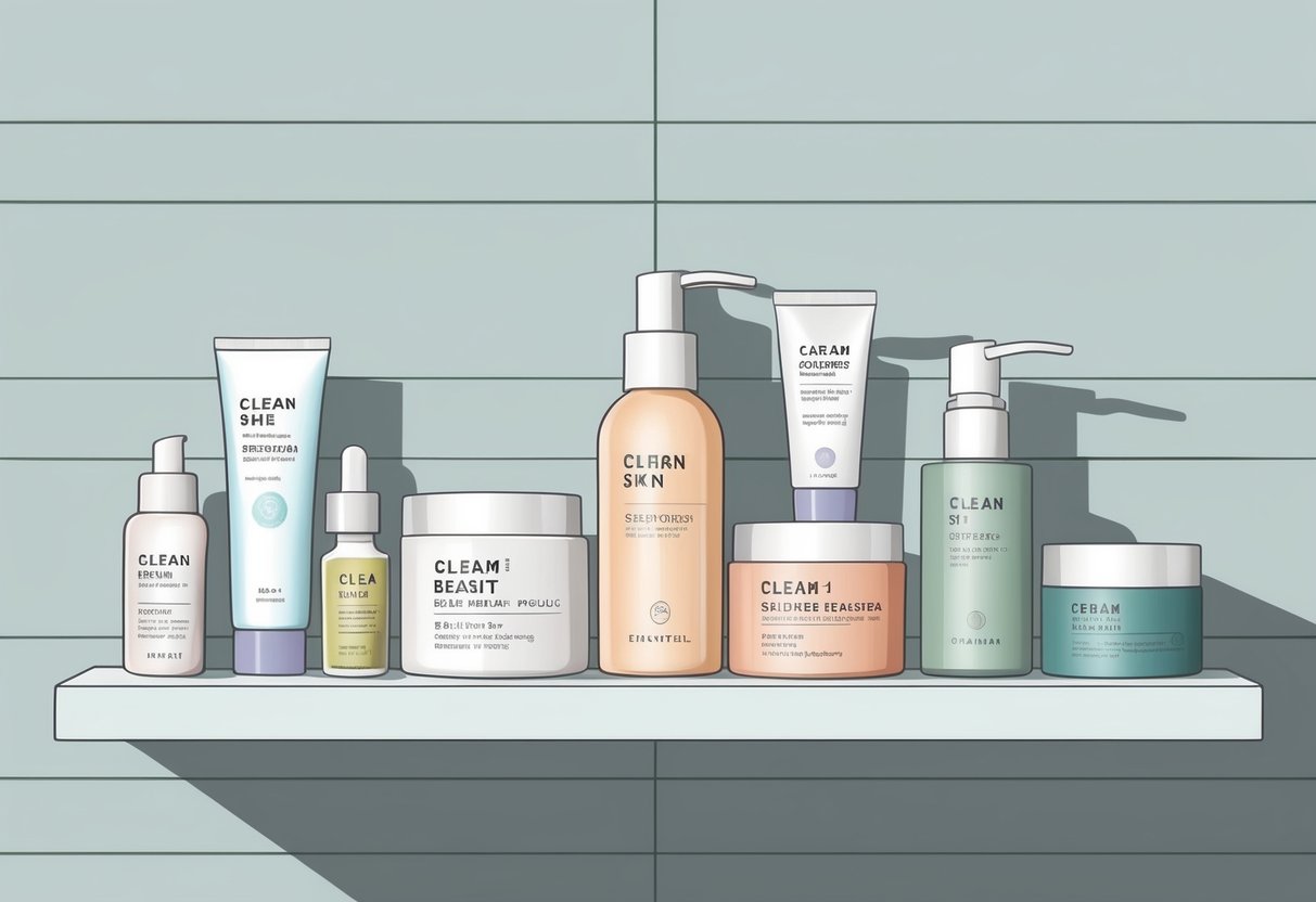 A serene, minimalist bathroom shelf with a variety of clean beauty products for sensitive skin, including creams, serums, and cleansers
