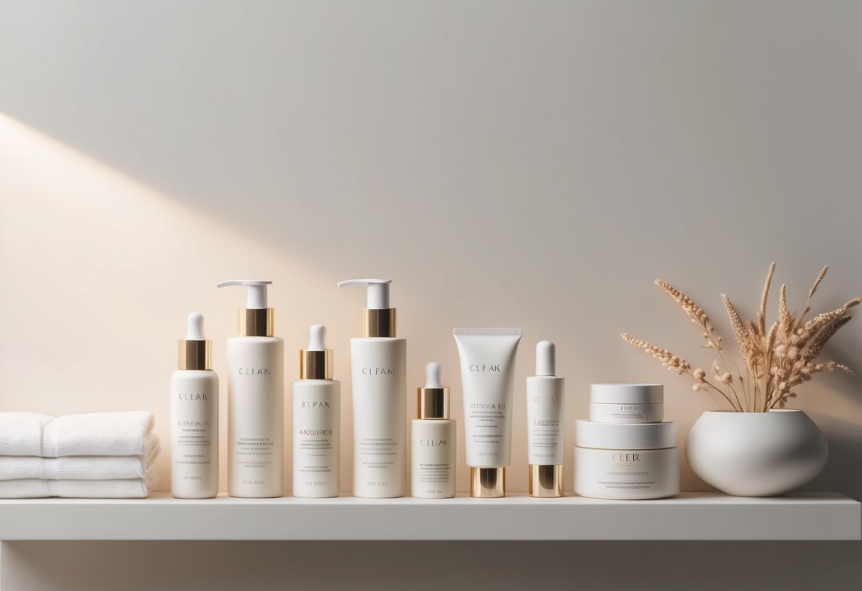 A serene, minimalist bathroom shelf adorned with elegant, clean beauty products for sensitive skin. Soft, natural lighting illuminates the array of anti-aging and brightening solutions, creating a calming and inviting atmosphere