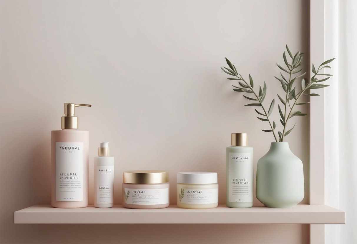 A serene, minimalist bathroom shelf with natural skincare products and soft, pastel packaging. A gentle, calming atmosphere with botanical elements