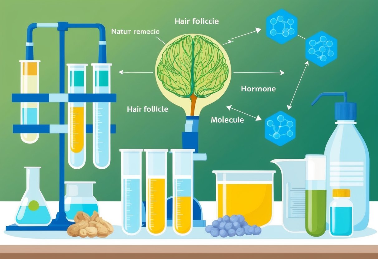 A laboratory setting with test tubes, beakers, and scientific equipment. A diagram of a hair follicle and hormone molecules. Natural remedies and products displayed on a table