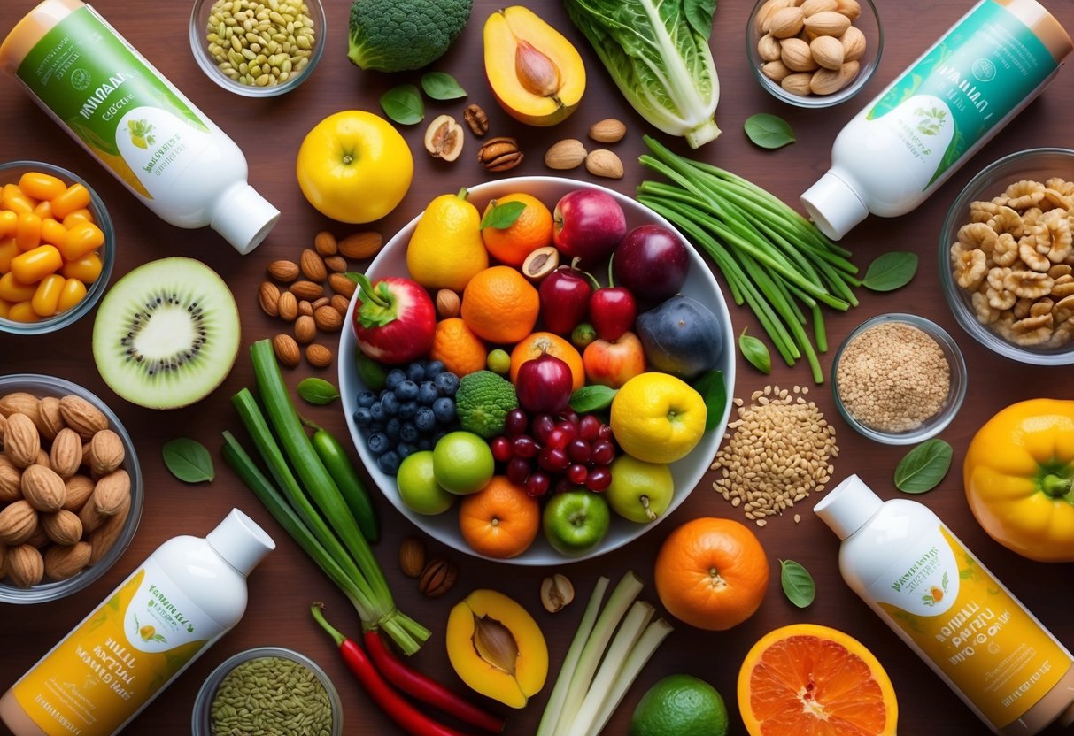A table filled with colorful fruits, vegetables, nuts, and seeds, surrounded by bottles of vitamins and natural hair care products