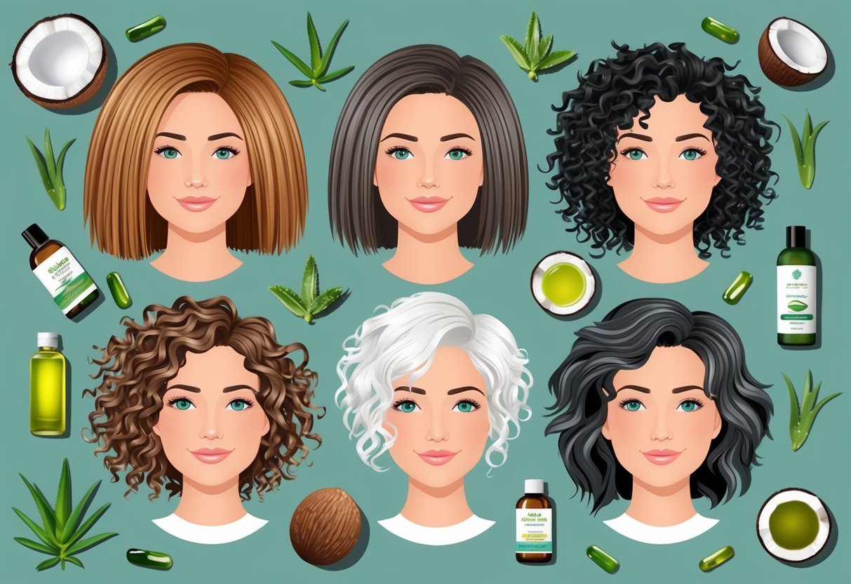 A variety of hair types (straight, curly, wavy) surrounded by natural remedies (aloe vera, coconut oil, green tea) and hair care products (shampoo, conditioner, scalp treatments)