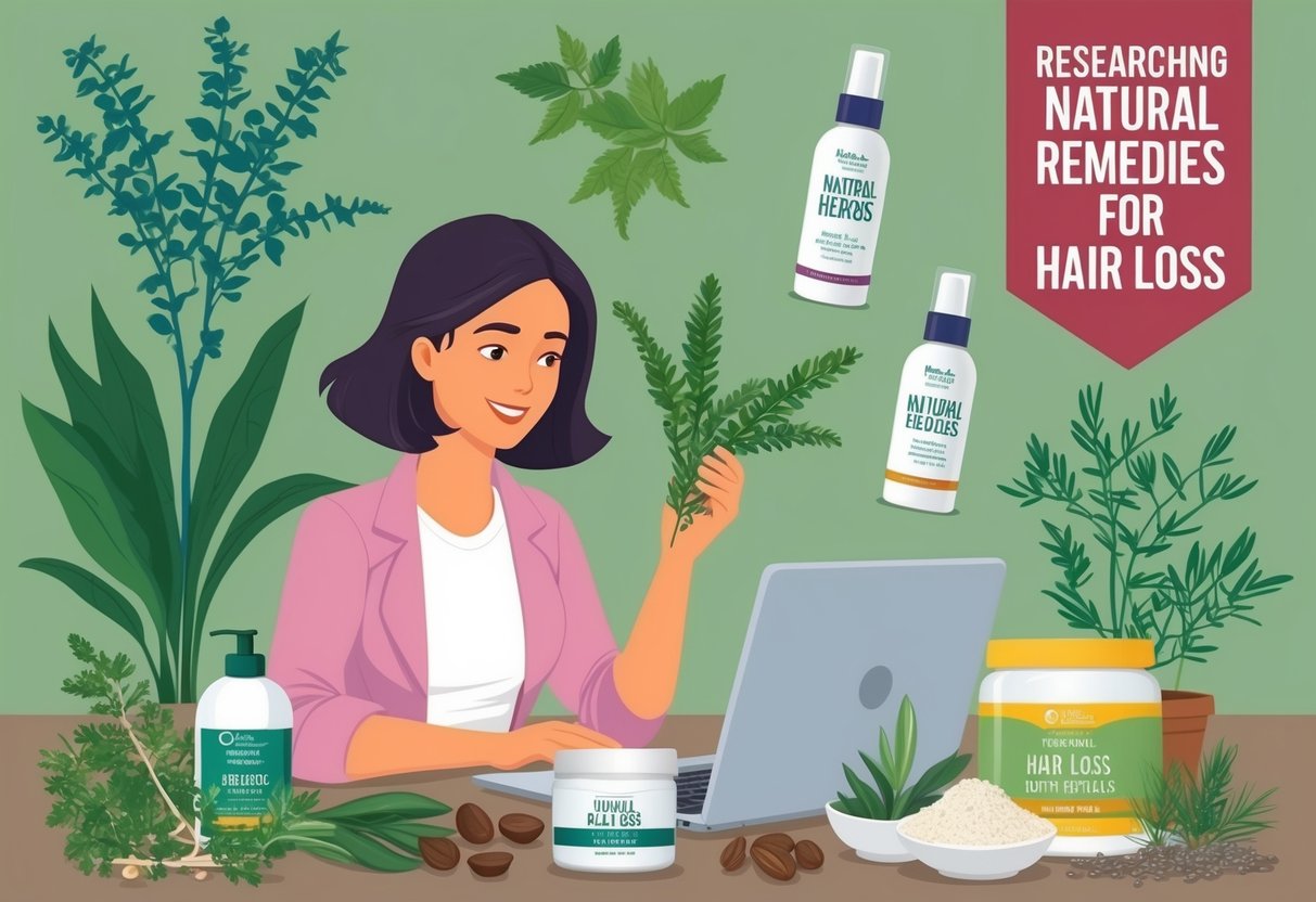 A person researching natural remedies for hair loss, surrounded by plants, herbs, and hair care products