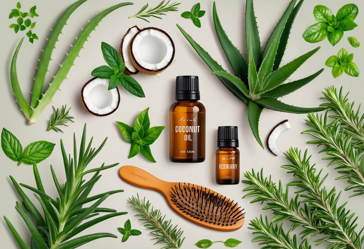 A serene, natural setting with a variety of plants and herbs, including aloe vera, coconut oil, and rosemary, arranged around a bottle of essential oils and a hairbrush