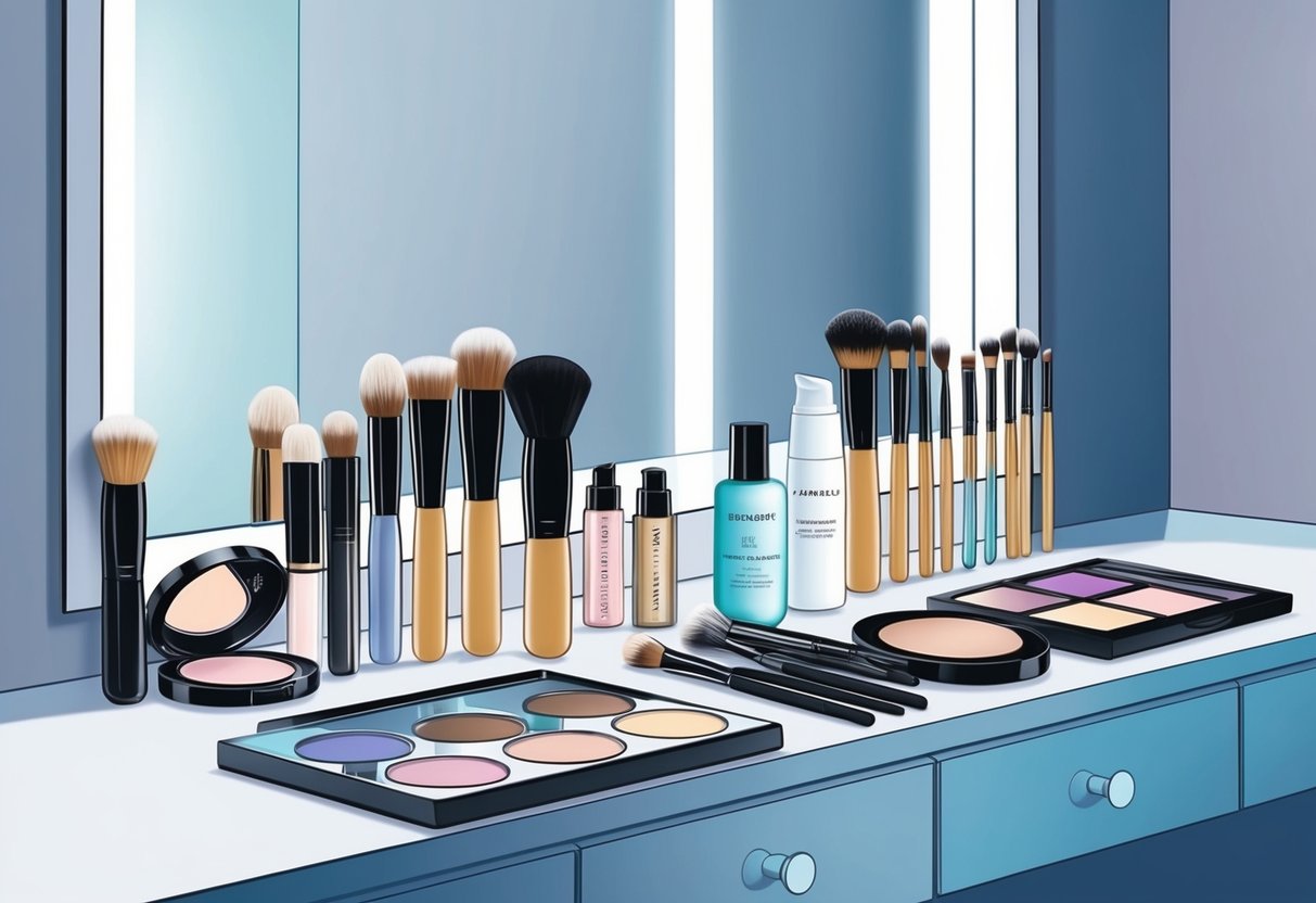 A clean, organized makeup table with various brushes, palettes, and skincare products neatly arranged. A mirror reflects the space, with soft lighting highlighting the products