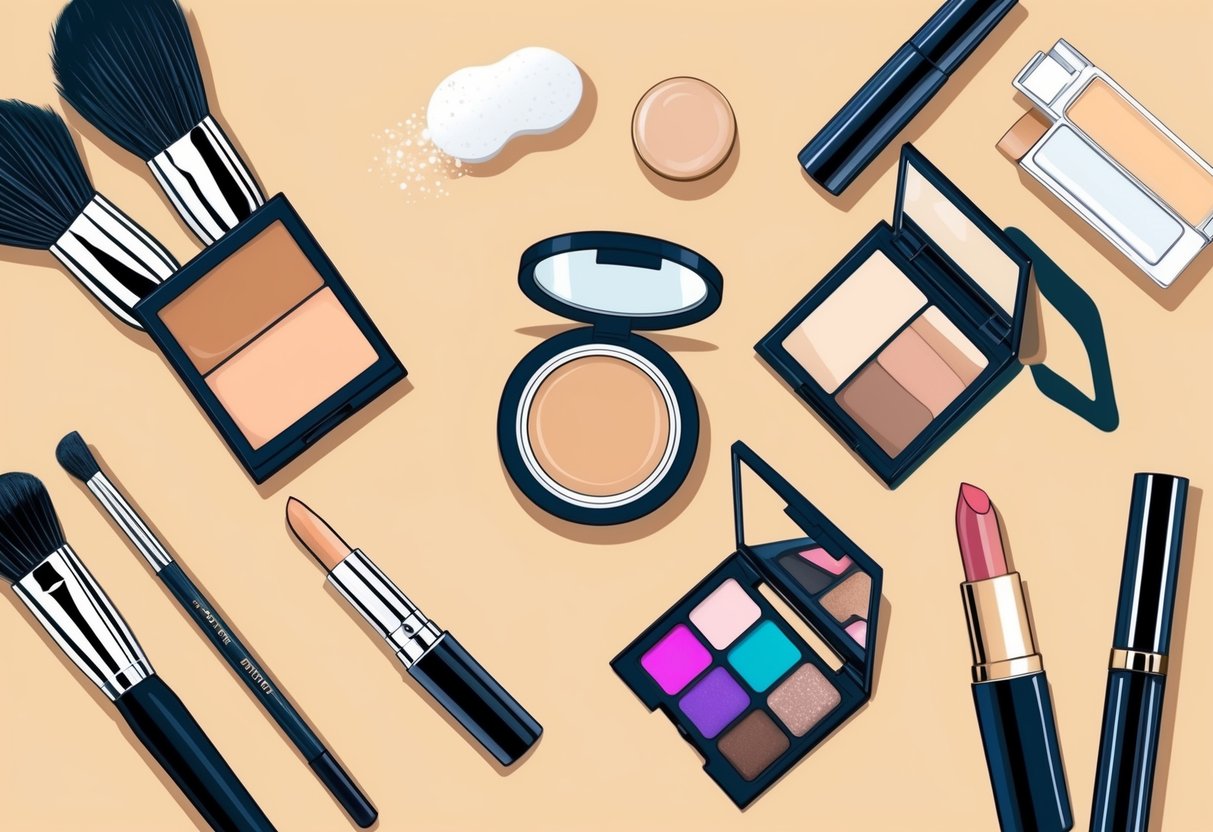 A table with makeup brushes, sponges, foundation, concealer, eyeshadow palette, mascara, lipstick, and setting spray arranged neatly for a beginner's guide illustration