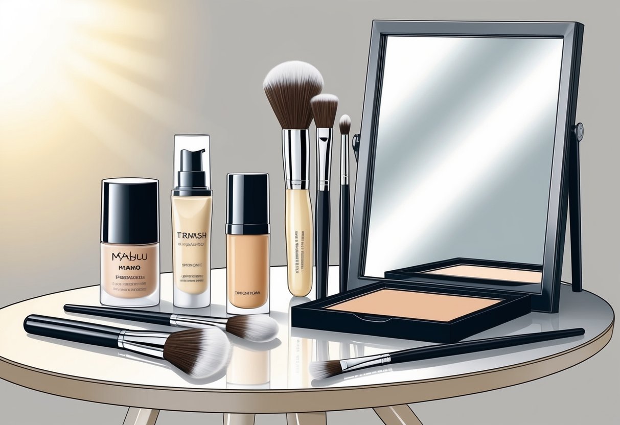 A table with various makeup products laid out neatly, including foundation, primer, brushes, and a mirror. A soft, natural light illuminates the scene
