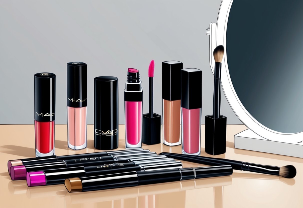 A table with various makeup products neatly arranged, including lipsticks, lip liners, and lip gloss. A mirror reflects the products, and a makeup brush is ready for use