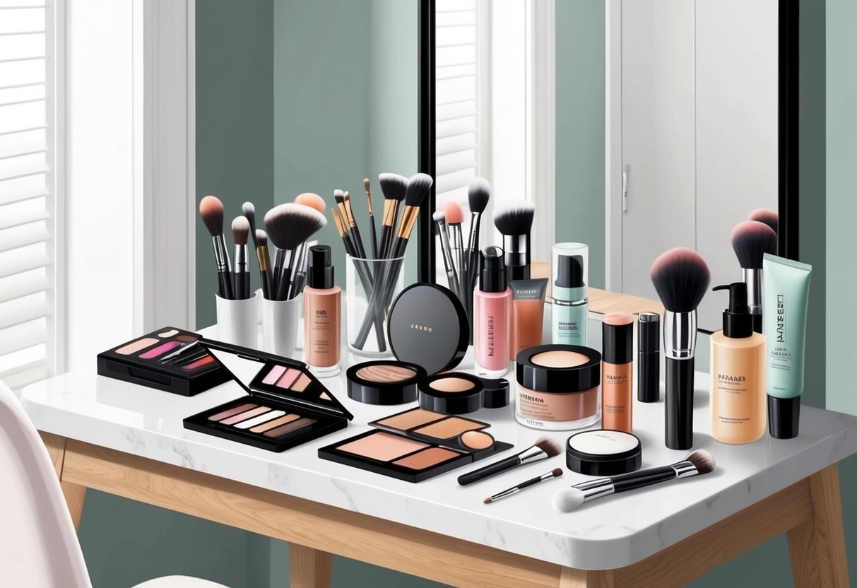 A clean, organized vanity table with a variety of makeup products neatly arranged, including brushes, palettes, and skincare items