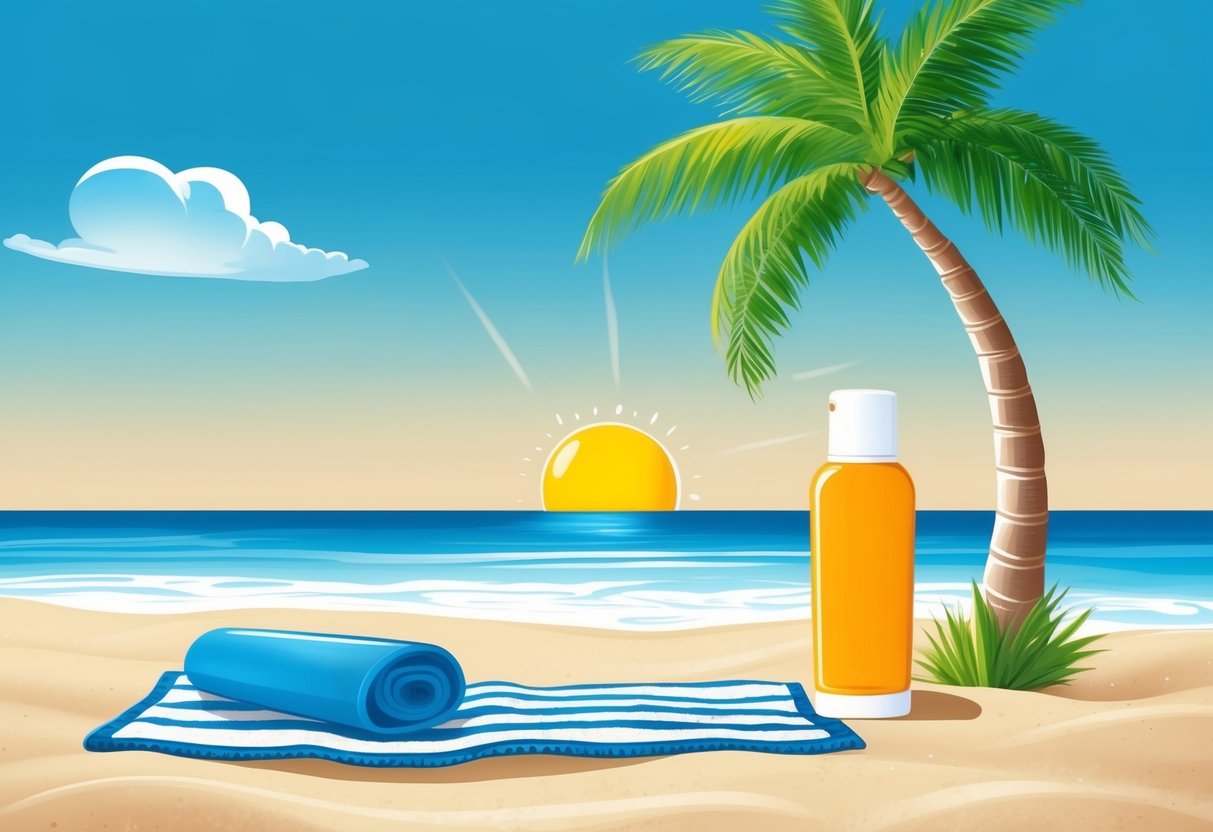 A sunny beach scene with a clear blue sky, a palm tree, and a bottle of sunscreen placed on a towel