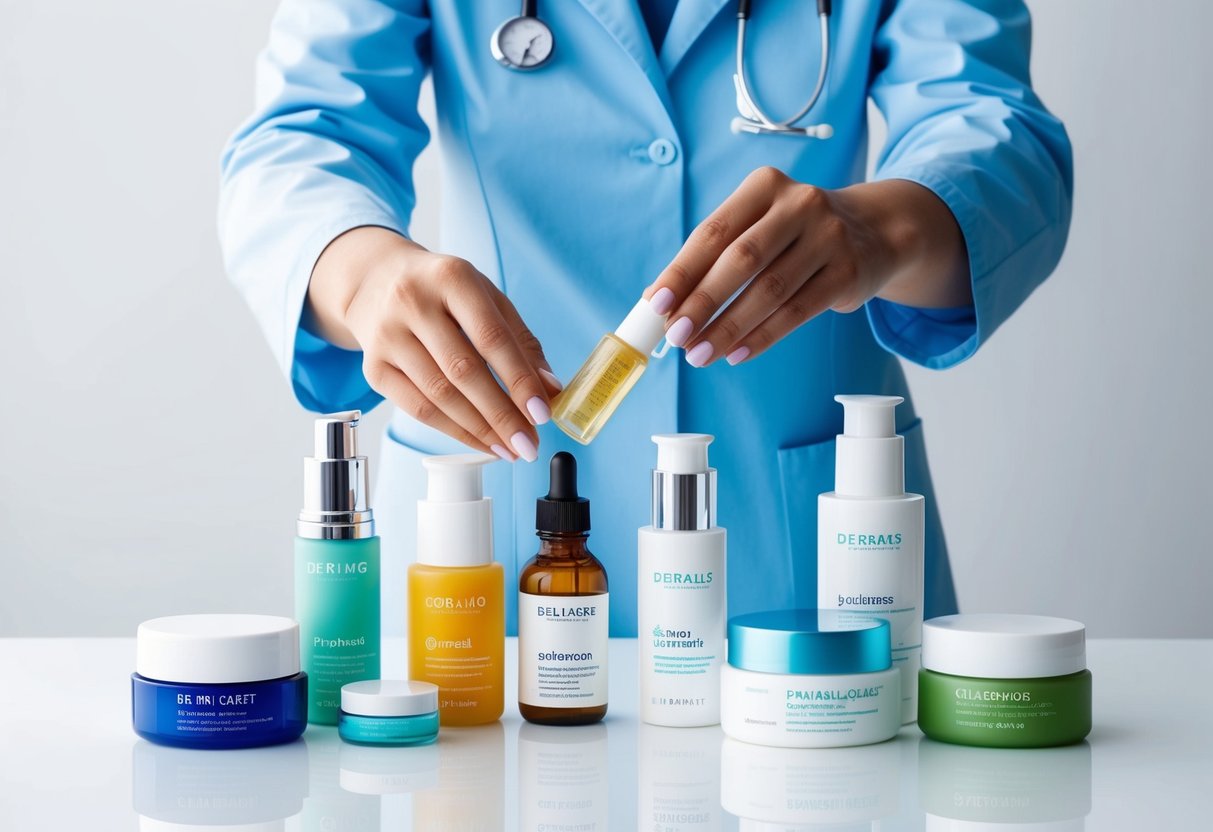 A dermatologist carefully arranging various skincare products on a clean, white surface, including cleansers, exfoliants, serums, and moisturizers