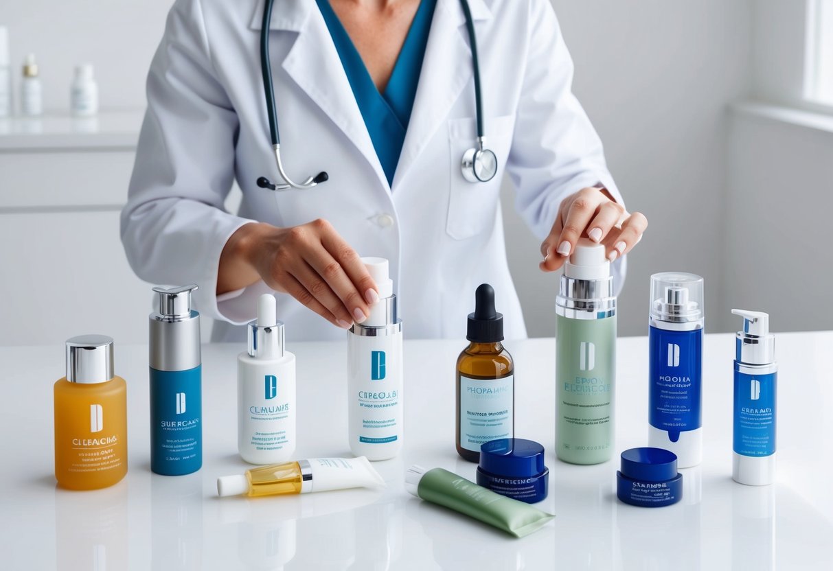 A dermatologist carefully arranges various skincare products on a clean, white surface, including cleansers, serums, and moisturizers, with a focus on anti-aging formulas