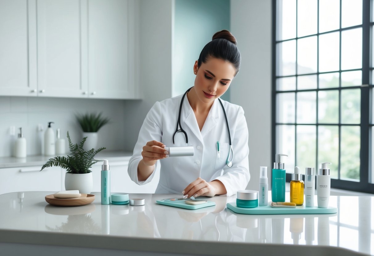 A dermatologist examining various skincare products and tools on a clean, organized countertop, with natural light streaming in from a nearby window