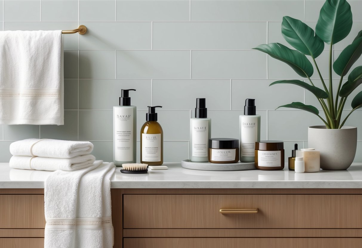 A serene bathroom counter with various skincare products neatly arranged, a soft towel, and a potted plant adding a touch of natural beauty