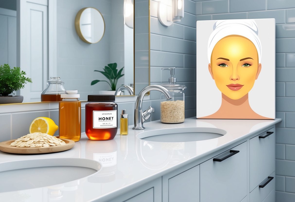 A bathroom counter with various everyday products such as honey, lemon, and oatmeal, alongside a clean, white canvas representing glowing skin