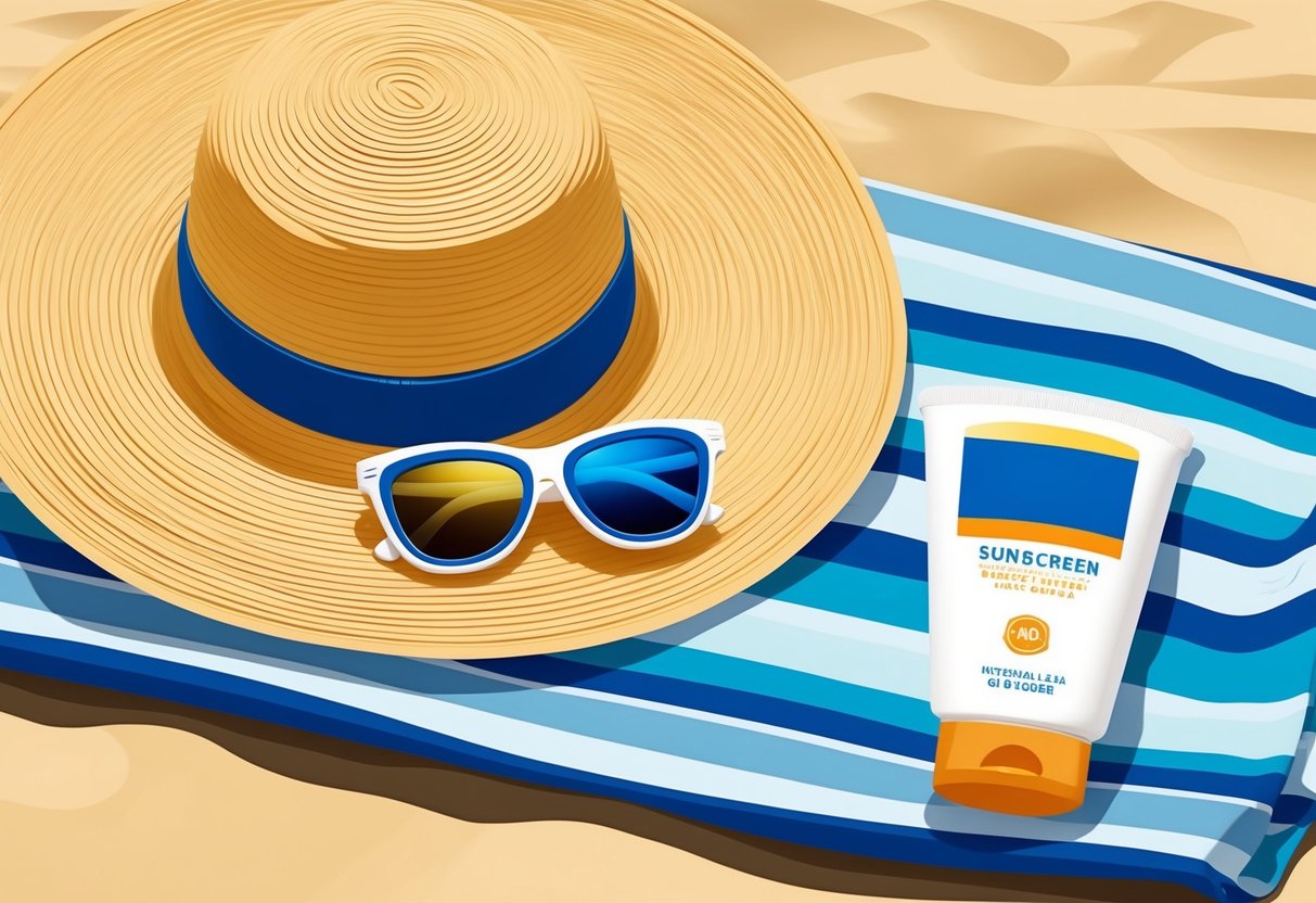 A sunny beach with a wide-brimmed hat, sunglasses, and sunscreen on a towel