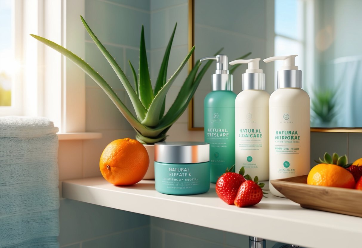 A serene, sunlit bathroom shelf adorned with natural skincare products, fresh aloe vera leaves, and colorful fruits like oranges and strawberries