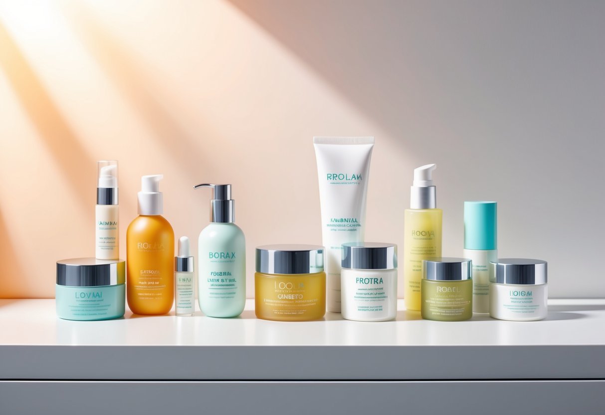 A collection of everyday skincare products arranged neatly on a clean, white surface, with soft natural lighting casting a warm glow over the scene