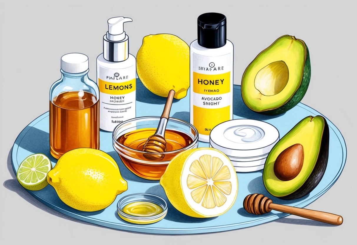 A table with common household items like lemons, honey, and avocado, alongside skincare products and tools. Bright, radiant skin is depicted