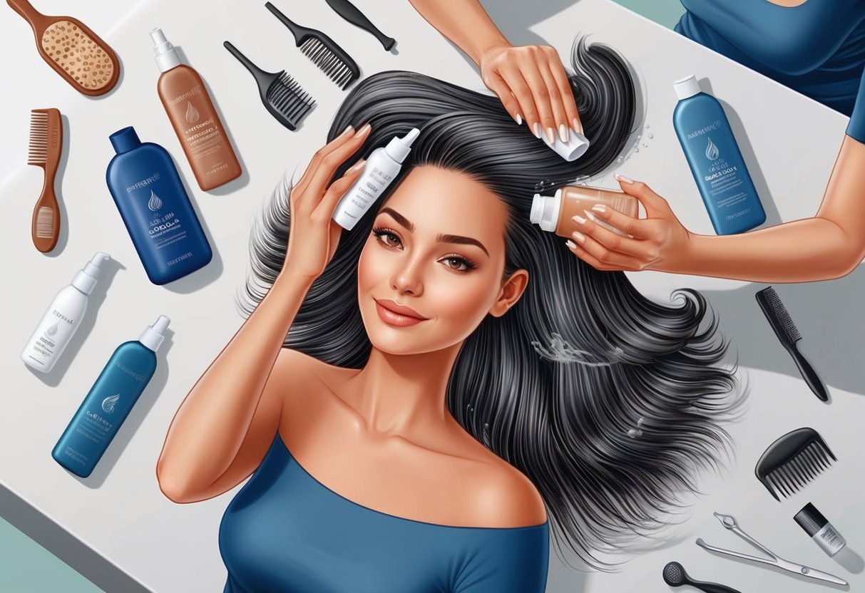 A woman's hair being treated with deep conditioning products, surrounded by various hair care products and tools on a clean, organized surface