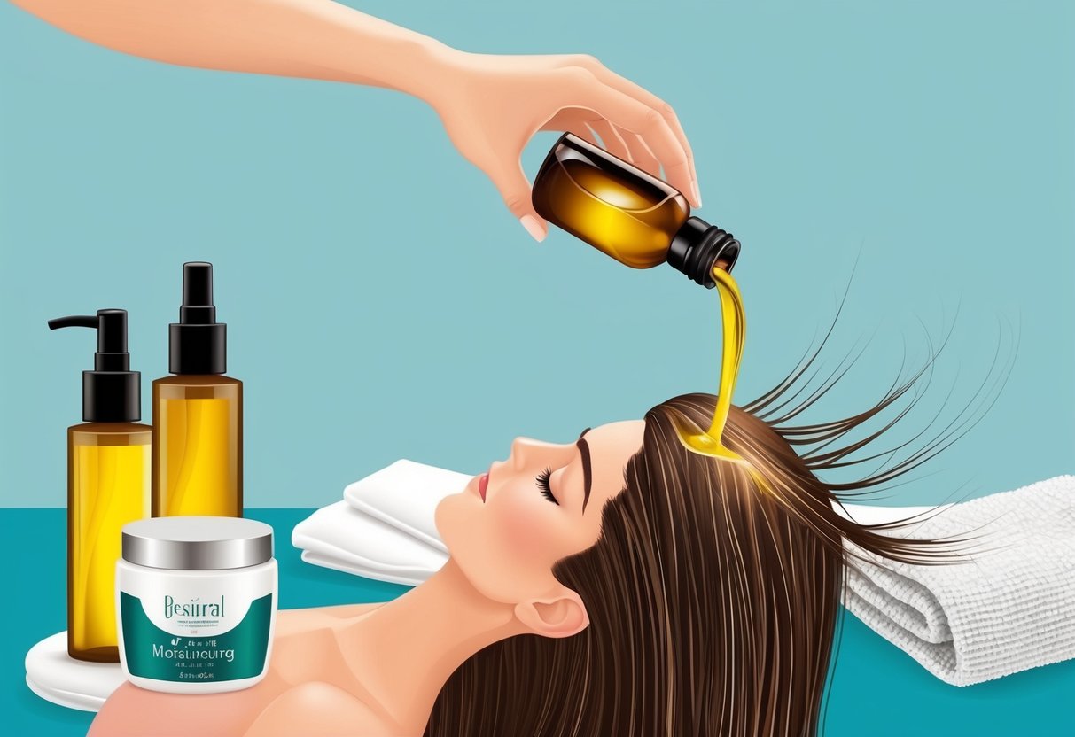 A woman's hand pouring nourishing oil onto a damaged hair strand, surrounded by bottles of moisturizing products and a towel