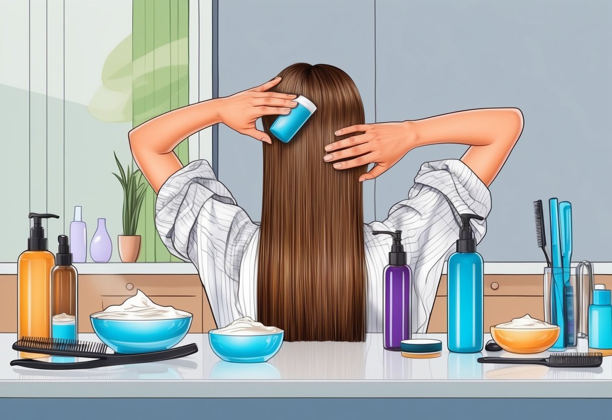 A woman's hair being treated with nourishing products, surrounded by bottles and tools on a clean, organized countertop