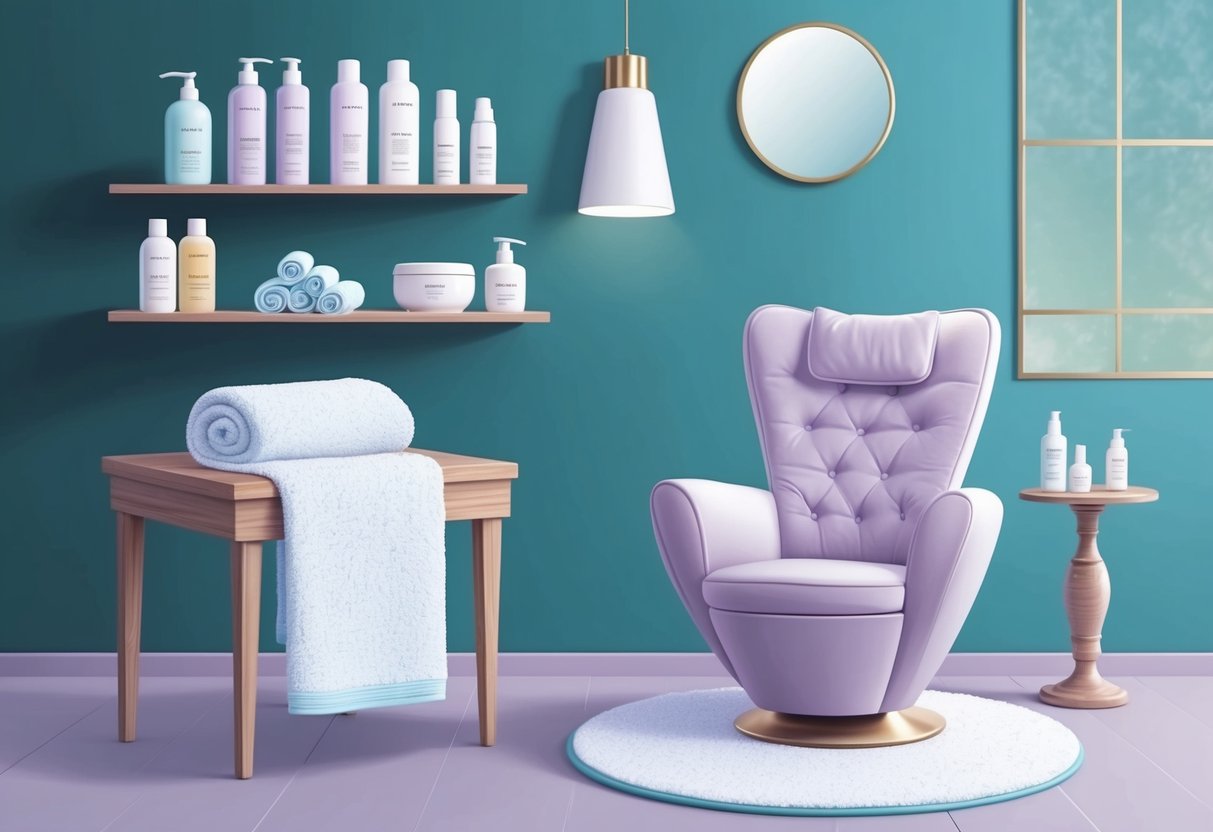 A serene, spa-like setting with shelves of hair care products, a luxurious towel, and a soft, comfortable chair for a relaxing hair care routine