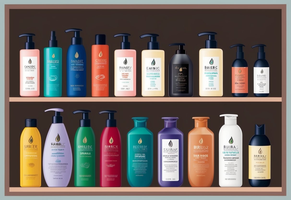A variety of hair care products arranged on a shelf, including shampoos, conditioners, and treatments for different hair types
