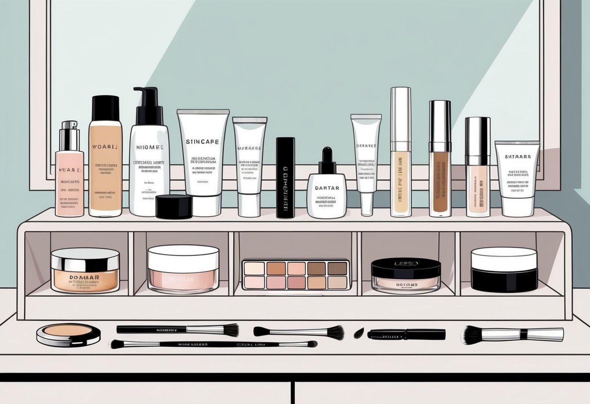 A clean, organized vanity with various skincare and makeup products laid out in a step-by-step order for a flawless natural makeup look