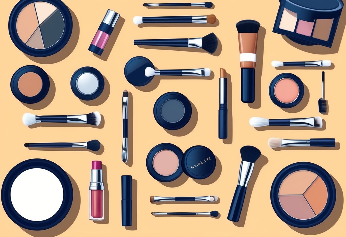 A table with makeup products and tools arranged neatly for a step-by-step guide illustration