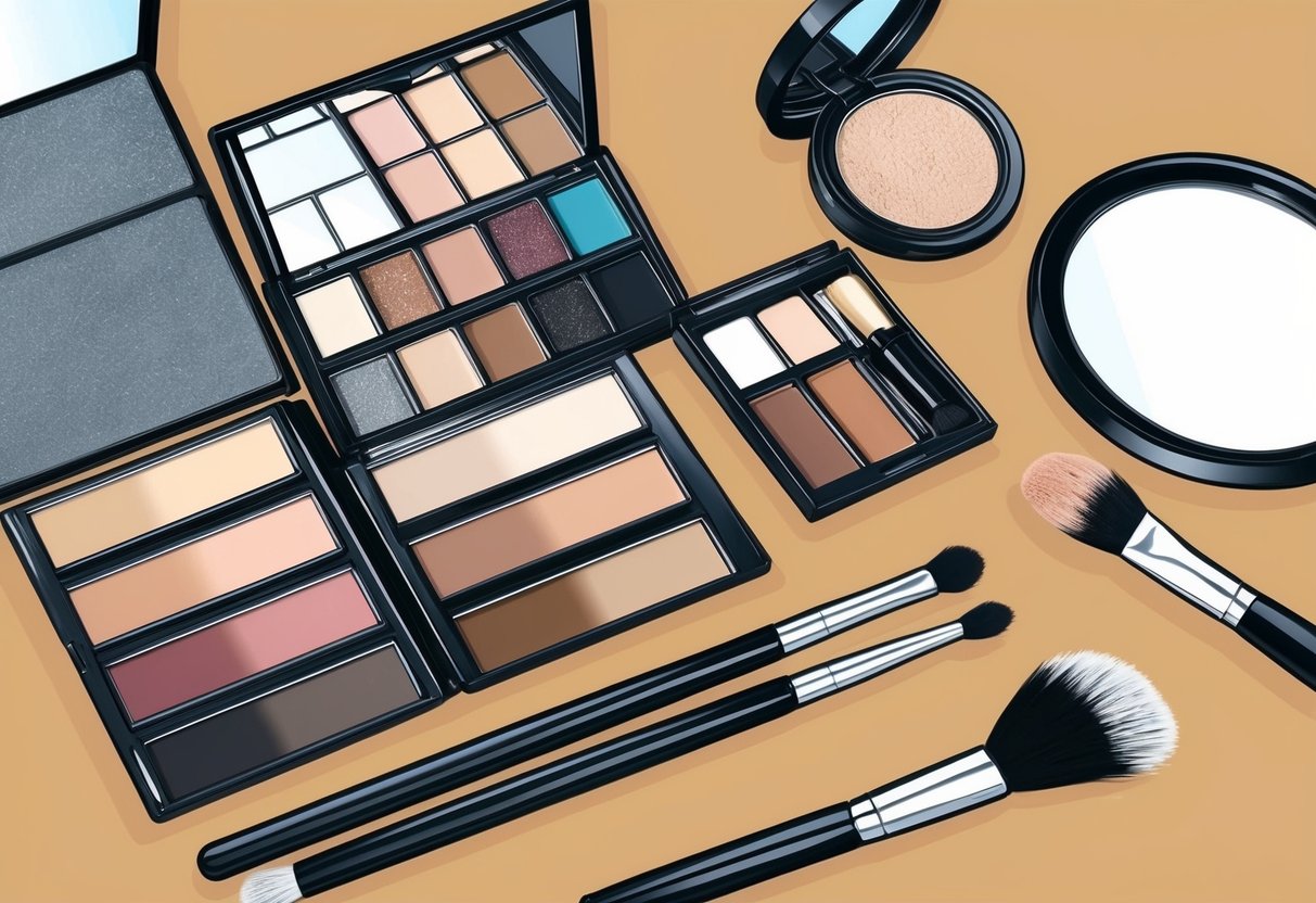 A table with various shades of eyeshadow, mascara, and eyeliner arranged neatly, alongside makeup brushes and a mirror