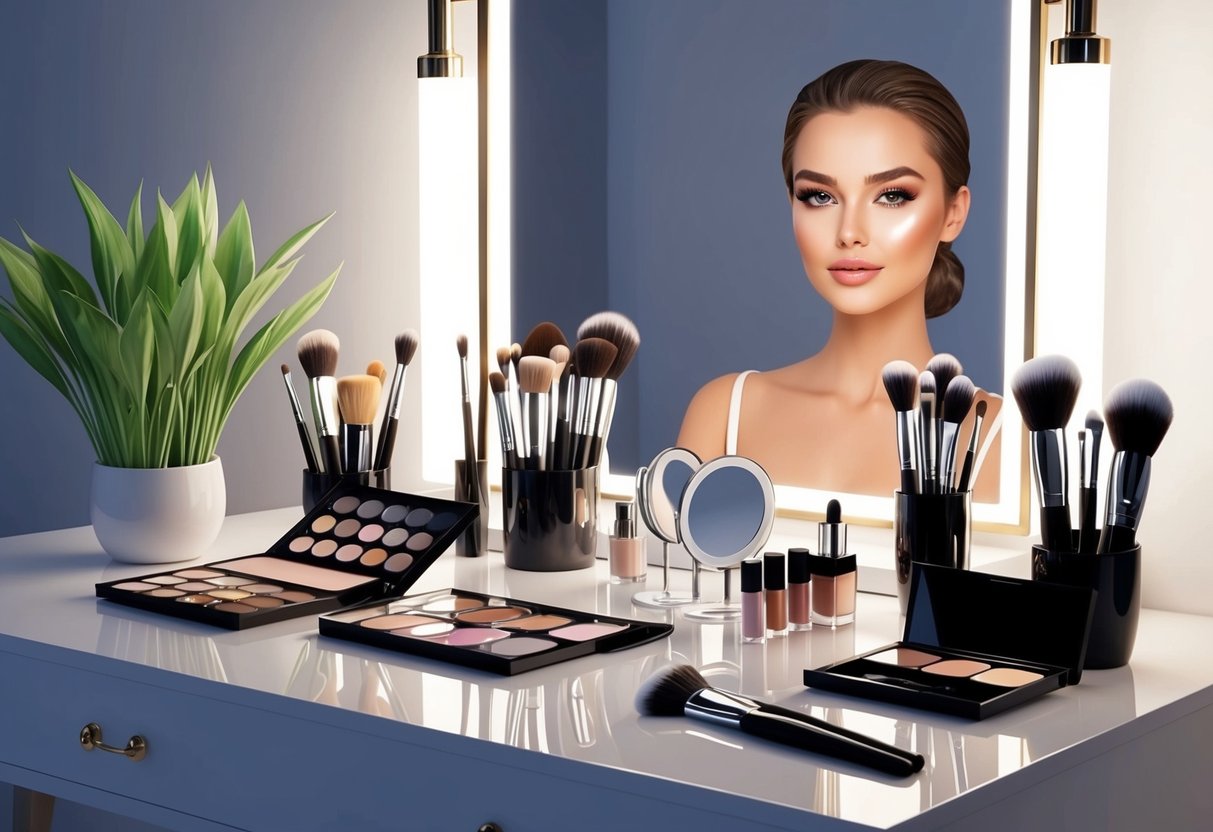A well-lit vanity table with an array of makeup products neatly arranged, including brushes, palettes, and a mirror reflecting a flawless natural makeup look