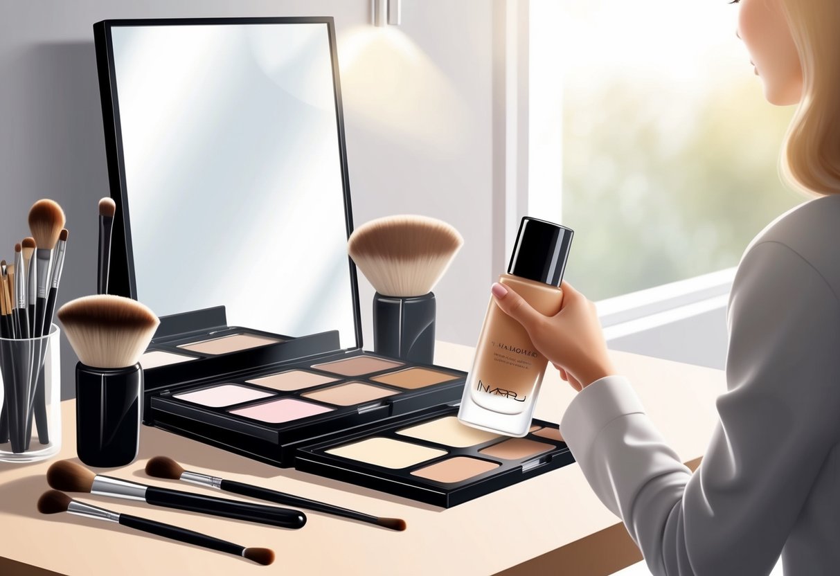 A makeup table with brushes, palettes, and a mirror. Soft natural lighting highlights the products. A hand reaches for a foundation bottle