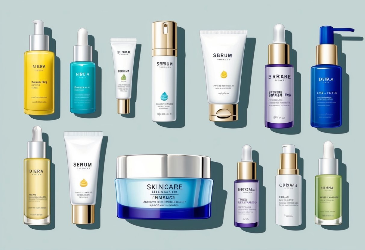 A variety of skincare products arranged on a clean, organized surface, including masks, serums, and creams, with labels indicating different skin types