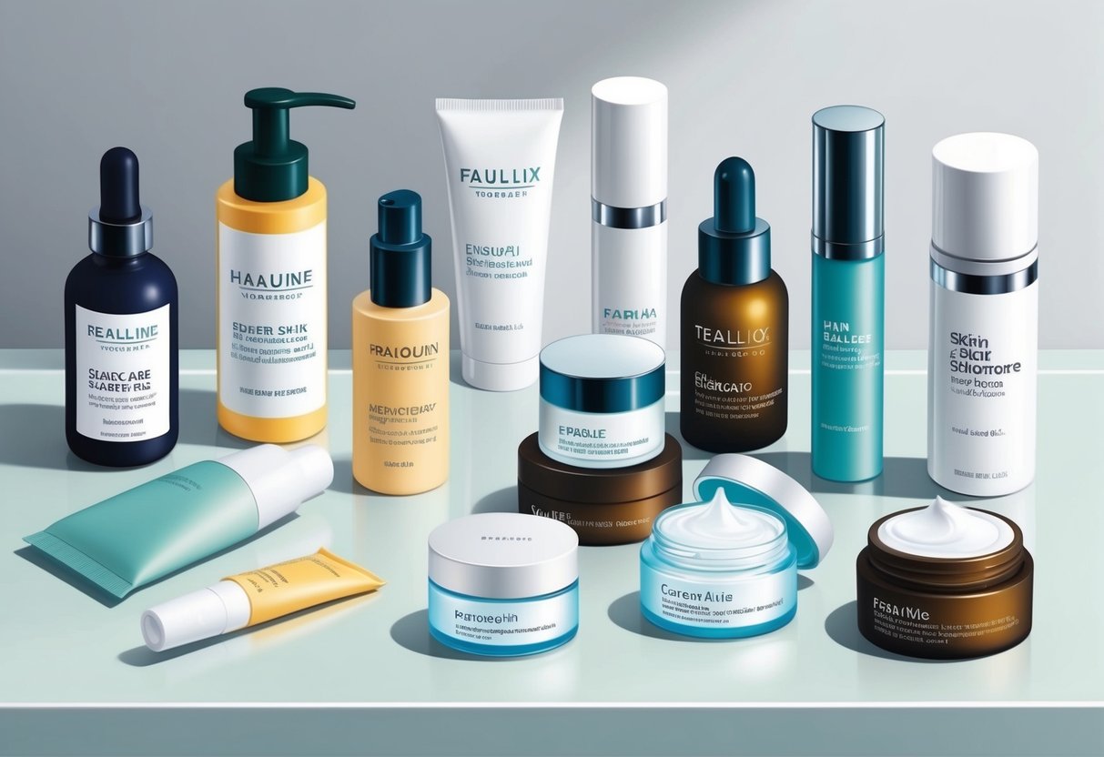 A variety of skincare products arranged on a clean, organized surface, with different bottles, jars, and tubes labeled for specific skin concerns and lifestyle needs