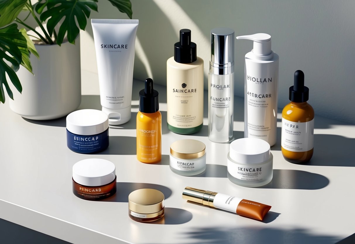 A variety of skincare products arranged neatly on a clean, organized surface, with natural lighting highlighting their textures and colors