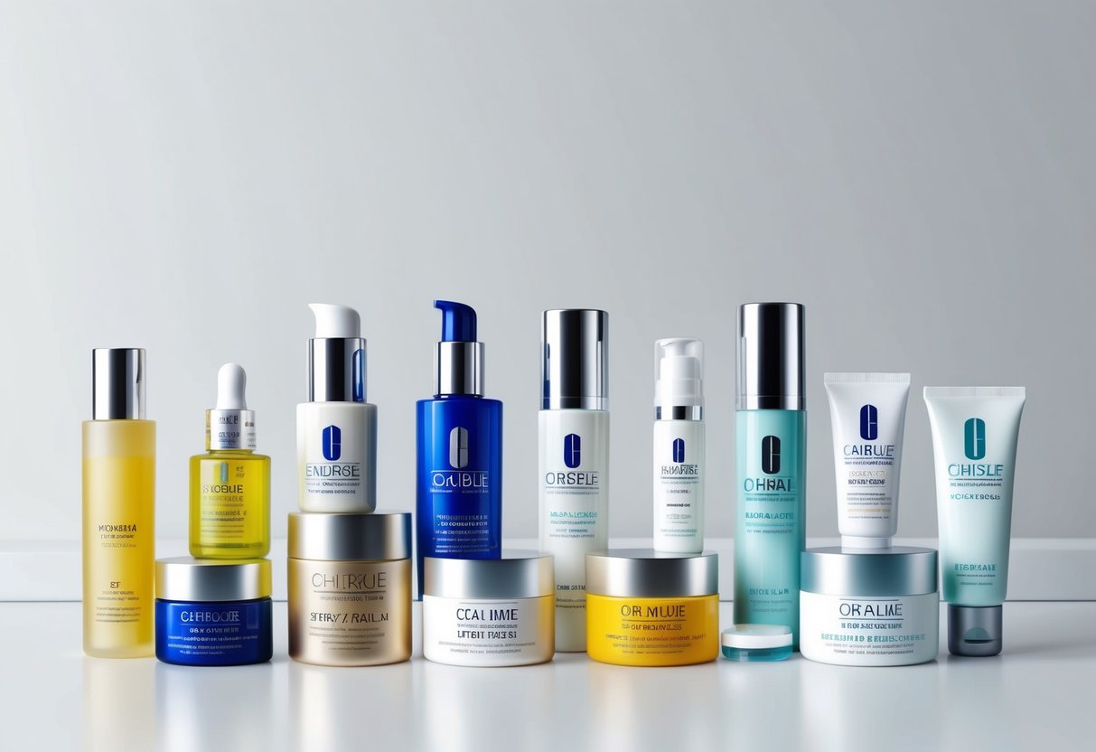 A variety of skincare products arranged in a neat and organized manner on a clean, minimalist background, with different bottles, jars, and tubes representing different skin types and steps in a skincare routine