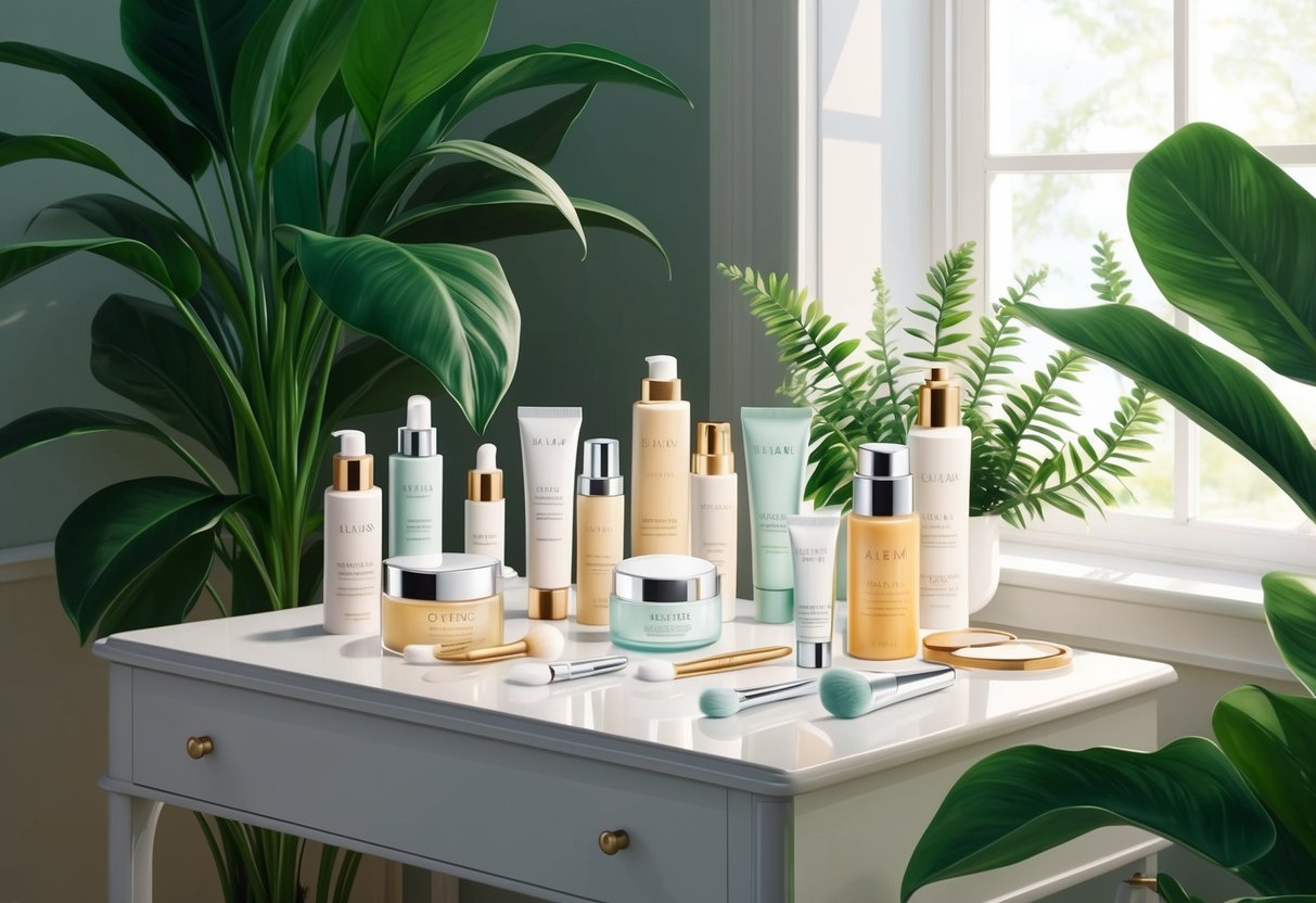 A serene and elegant setting with various skincare products and tools arranged neatly on a vanity table, surrounded by lush green plants and natural light streaming in through a window