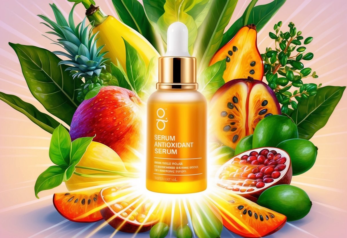 A bright, glowing bottle of serum surrounded by vibrant, antioxidant-rich fruits and plants, with rays of light emanating from the bottle