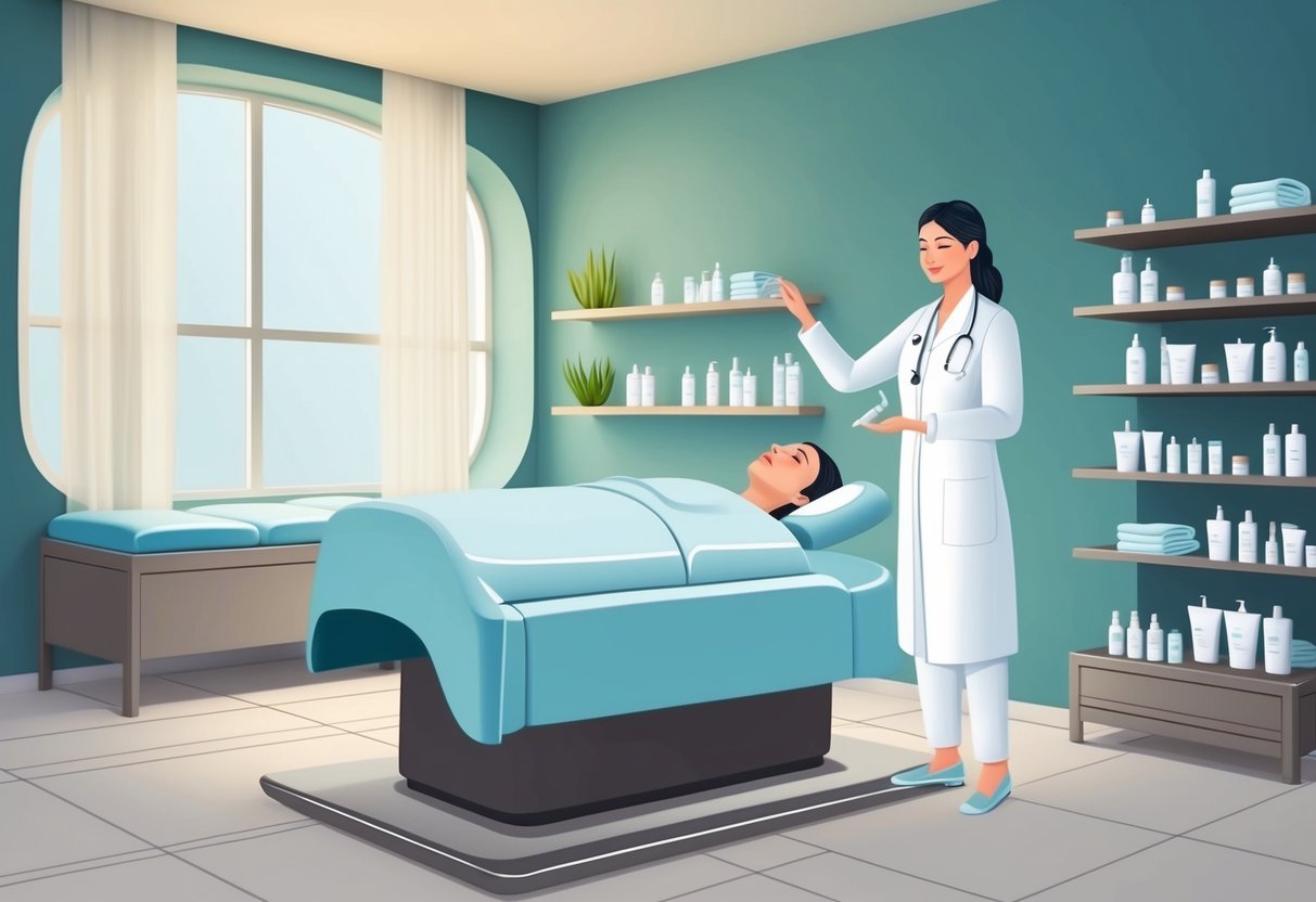 A serene spa room with soft lighting, a comfortable treatment bed, and shelves filled with skincare products. A dermatologist performs advanced skin treatments, creating a glowing, healthy complexion