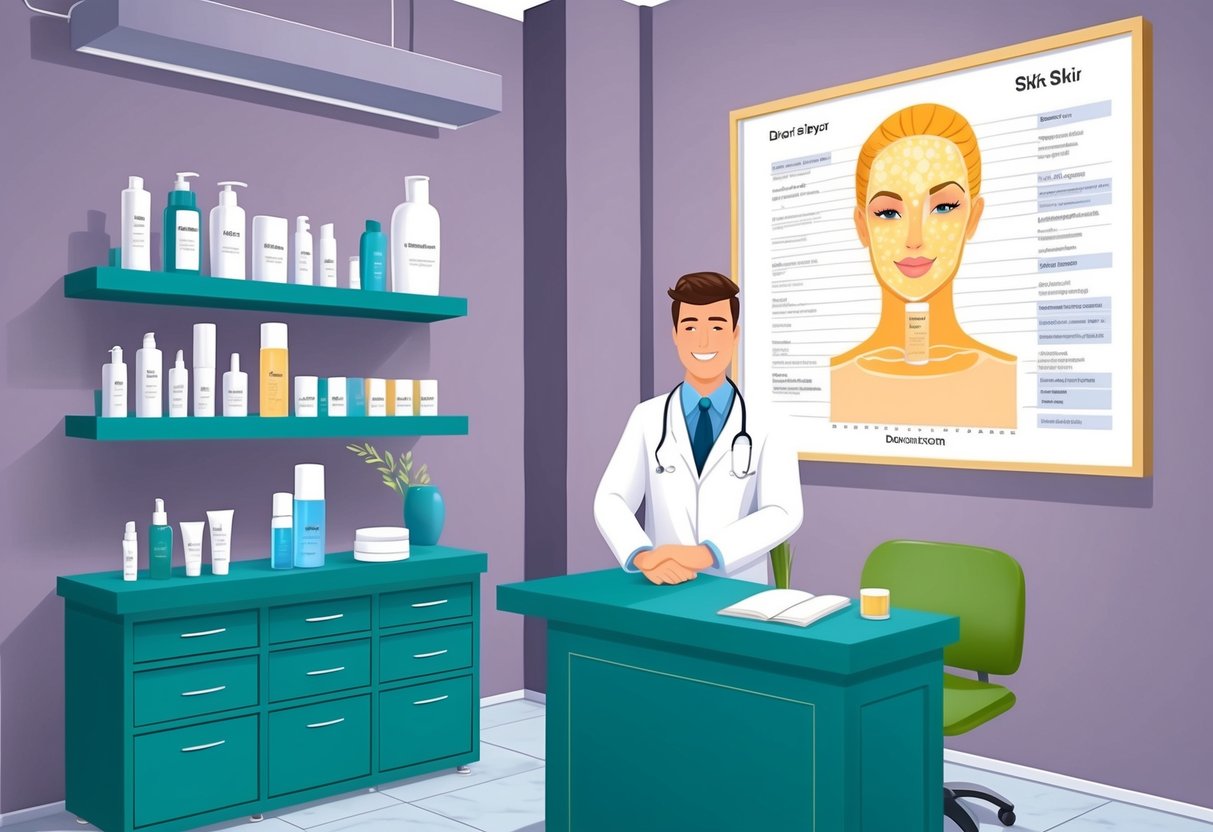 A dermatologist's office with shelves of skincare products and a glowing, healthy skin chart on the wall