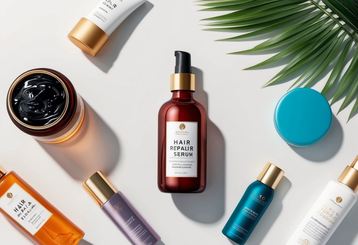 A bottle of hair repair serum surrounded by various hair care products on a clean, white surface