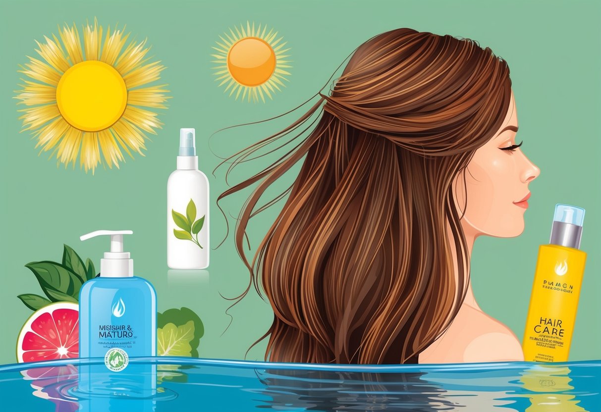 A woman's hair being mended by nature: sunlight, healthy food, and water, alongside hair care products