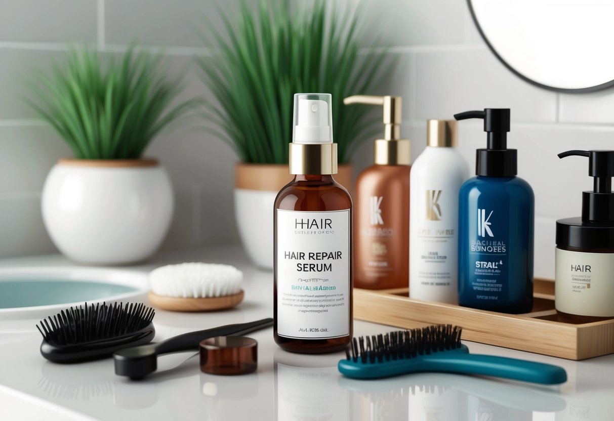 A bottle of hair repair serum surrounded by various hair care products and tools on a clean, organized bathroom countertop