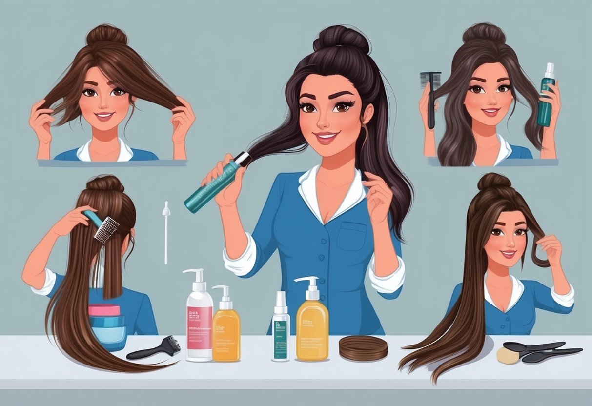 A hair care expert demonstrating repair techniques on damaged hair using various products and tools
