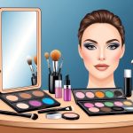 A makeup artist's table with various brushes, palettes, and products neatly arranged. A mirror reflects the flawless application on a model's face
