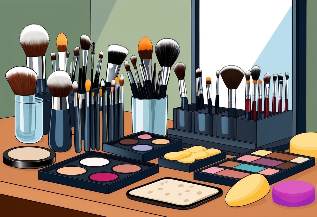 A makeup artist's table with various brushes, sponges, and makeup products neatly arranged. A mirror reflects the organized setup