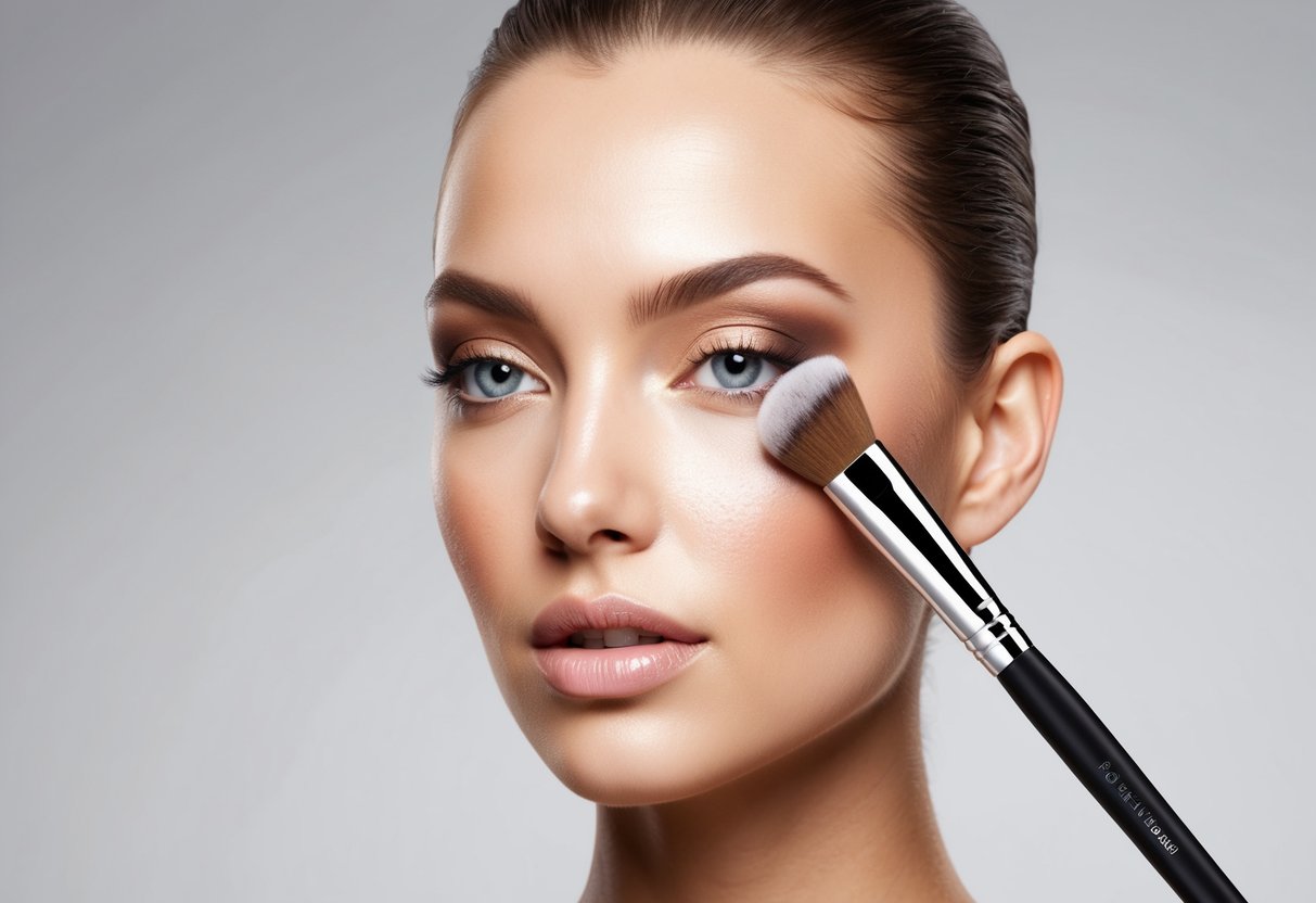 A makeup brush glides over a flawless complexion, enhancing facial features with precision and skill. The finished look exudes a smooth, long-lasting finish