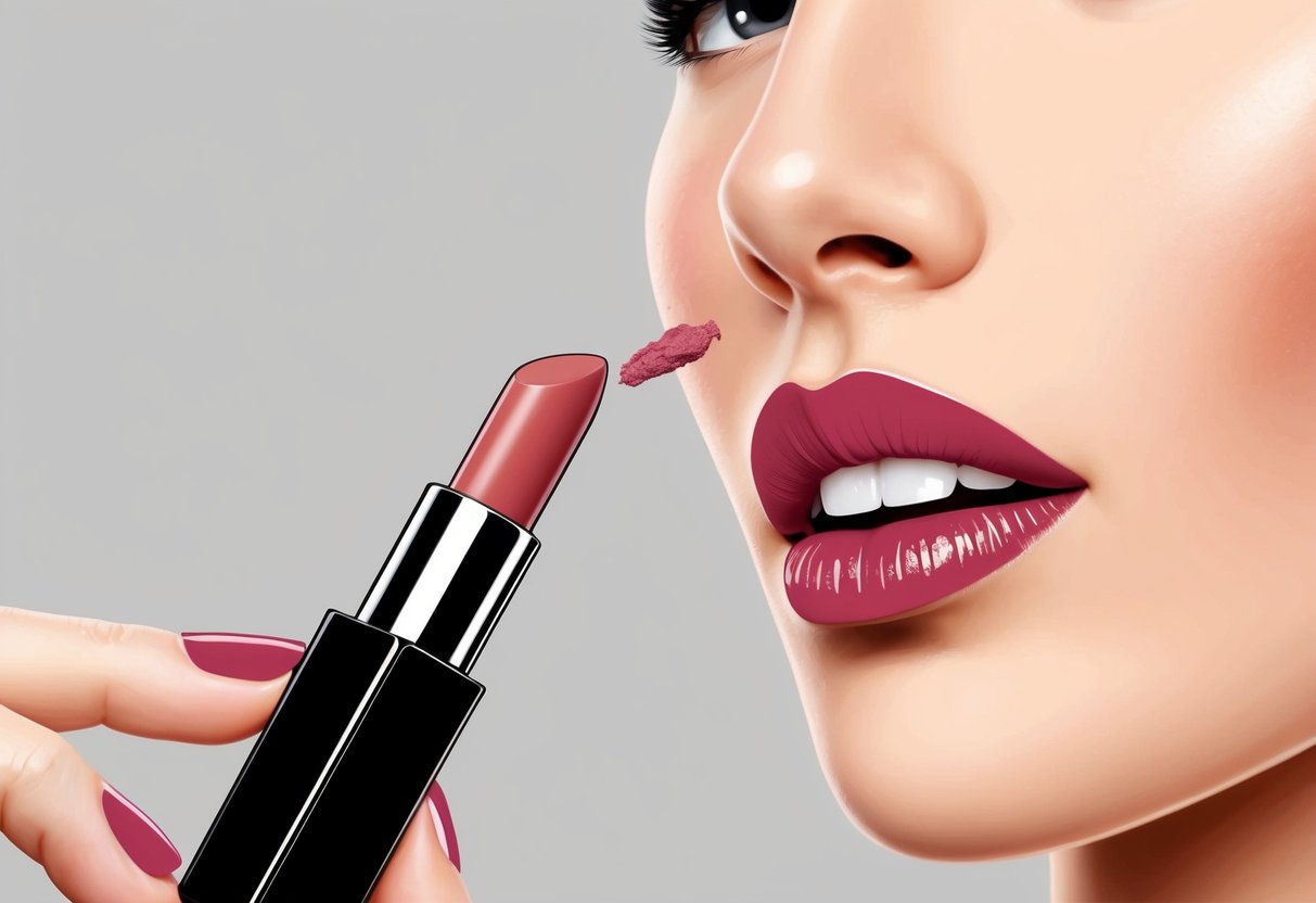 A makeup artist's hand expertly applies lipstick, creating a flawless, long-lasting finish